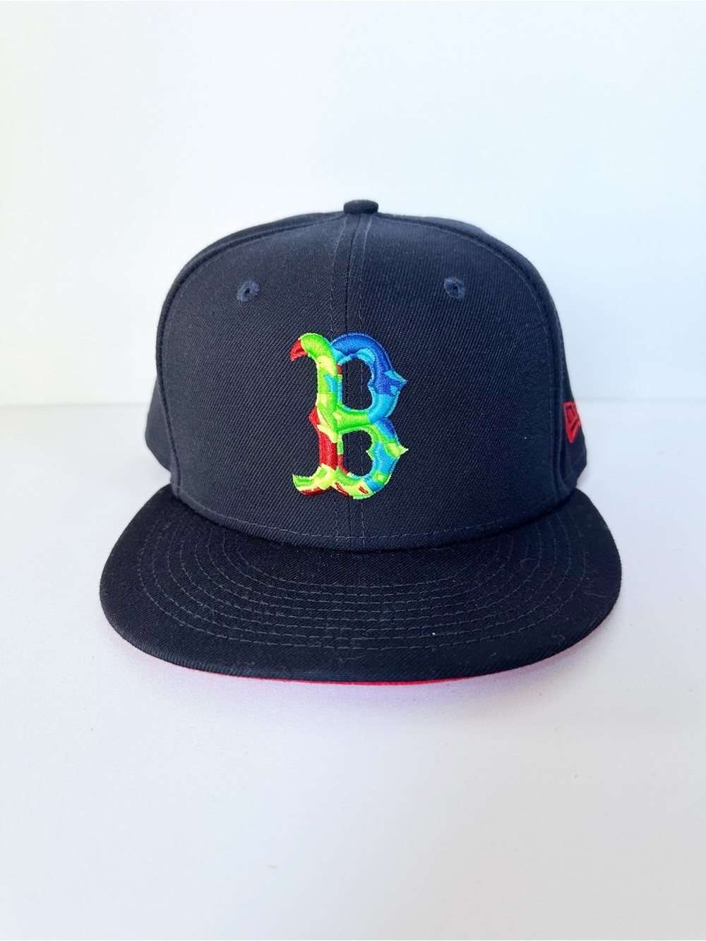 New Era Navy Fitted Hat with Multicolor 'B' Logo